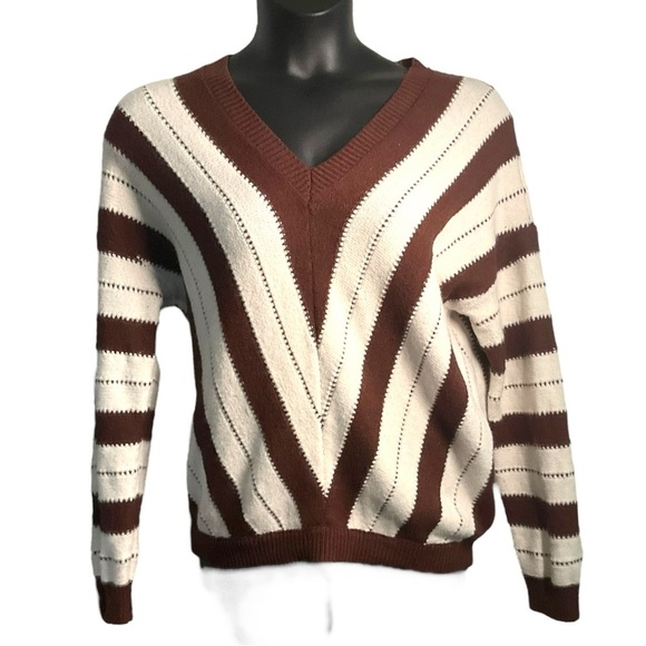 PrettyGarden‎ Chevron Brown Cream Crew Neck Sweater Soft Knitted Pullover SZ M - Picture 2 of 9